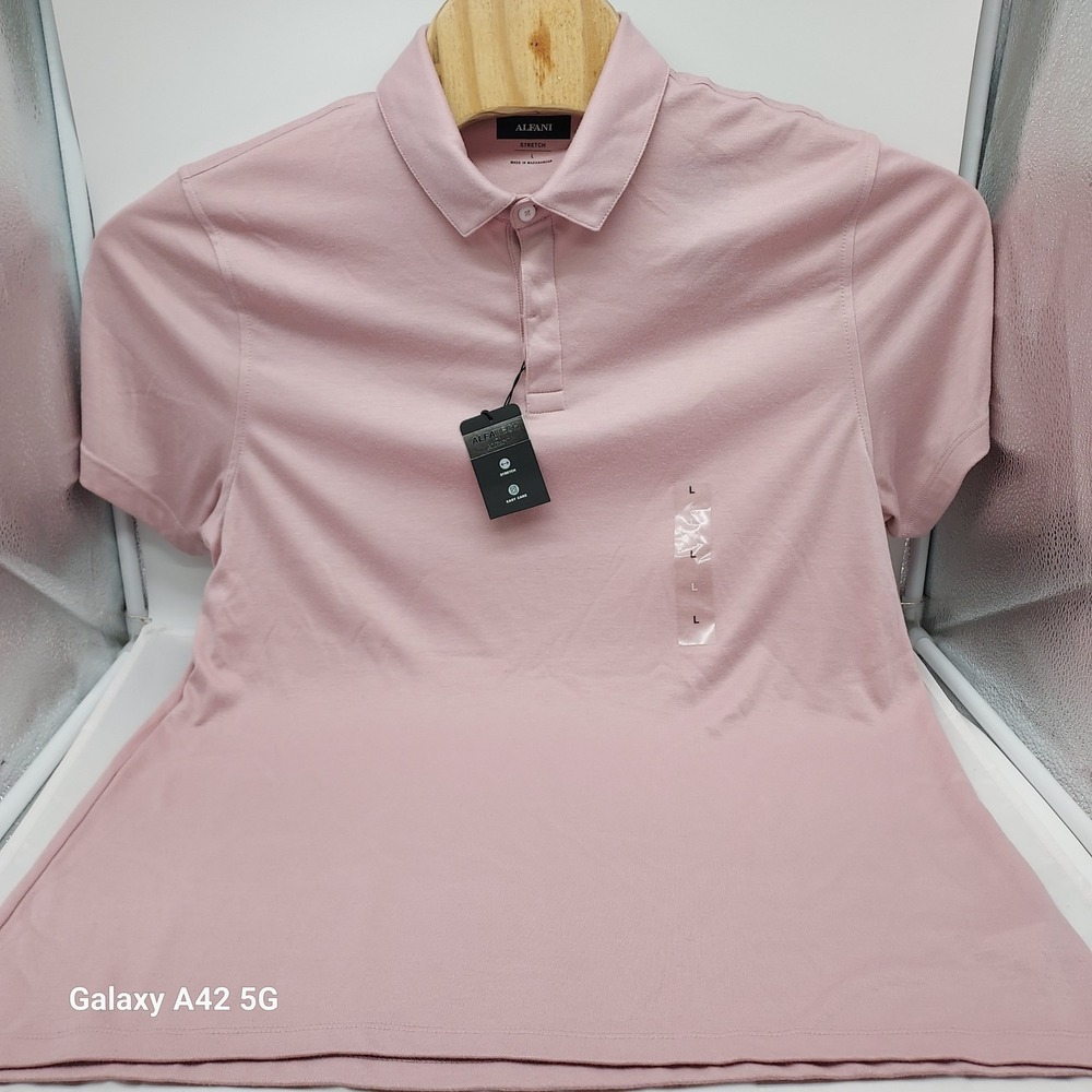 Alfani Alfatech Mens Polo Shirt Pink Stretch Easy Care Short Sleeve Size L NEW
